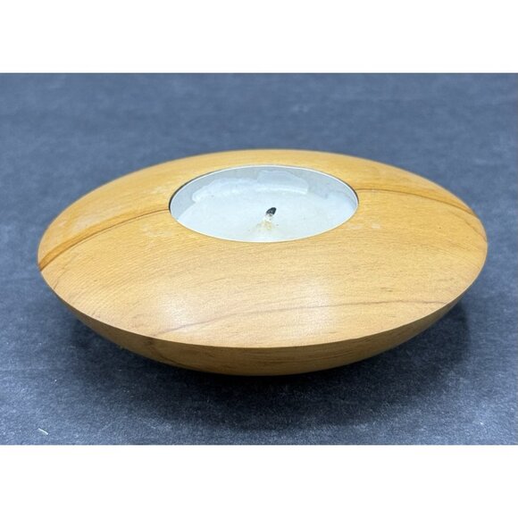 Solid Rimu Wood Votive Disk Shaped Tea Light Candle Holder Signed New Zealand - Picture 1 of 7